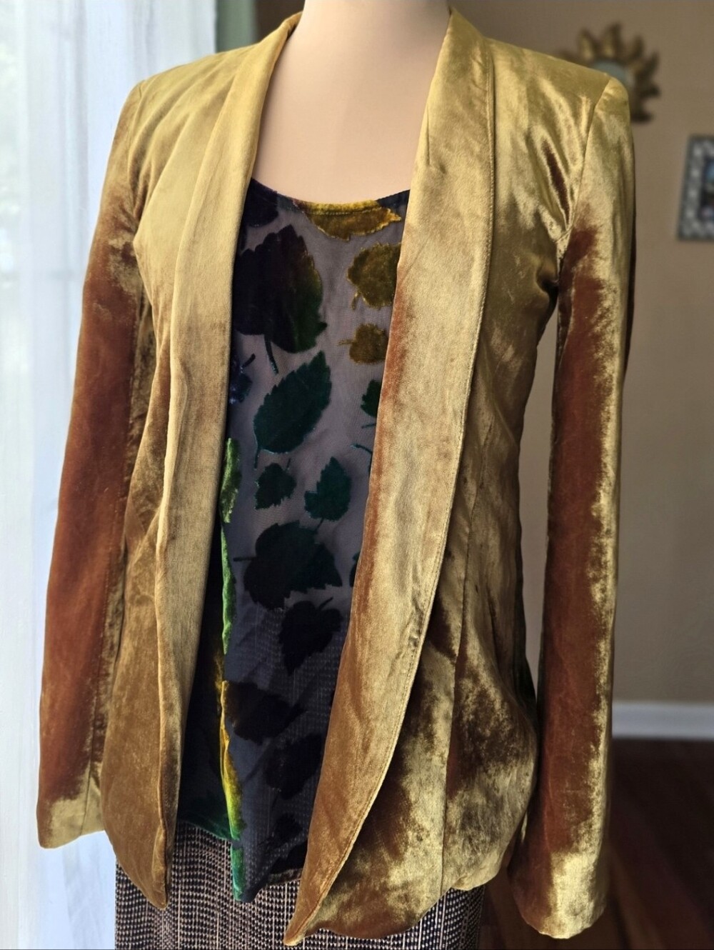 Gold Velvet Open Front Blazer Jacket Dark Academia Whimsigoth Boho LOFT XS